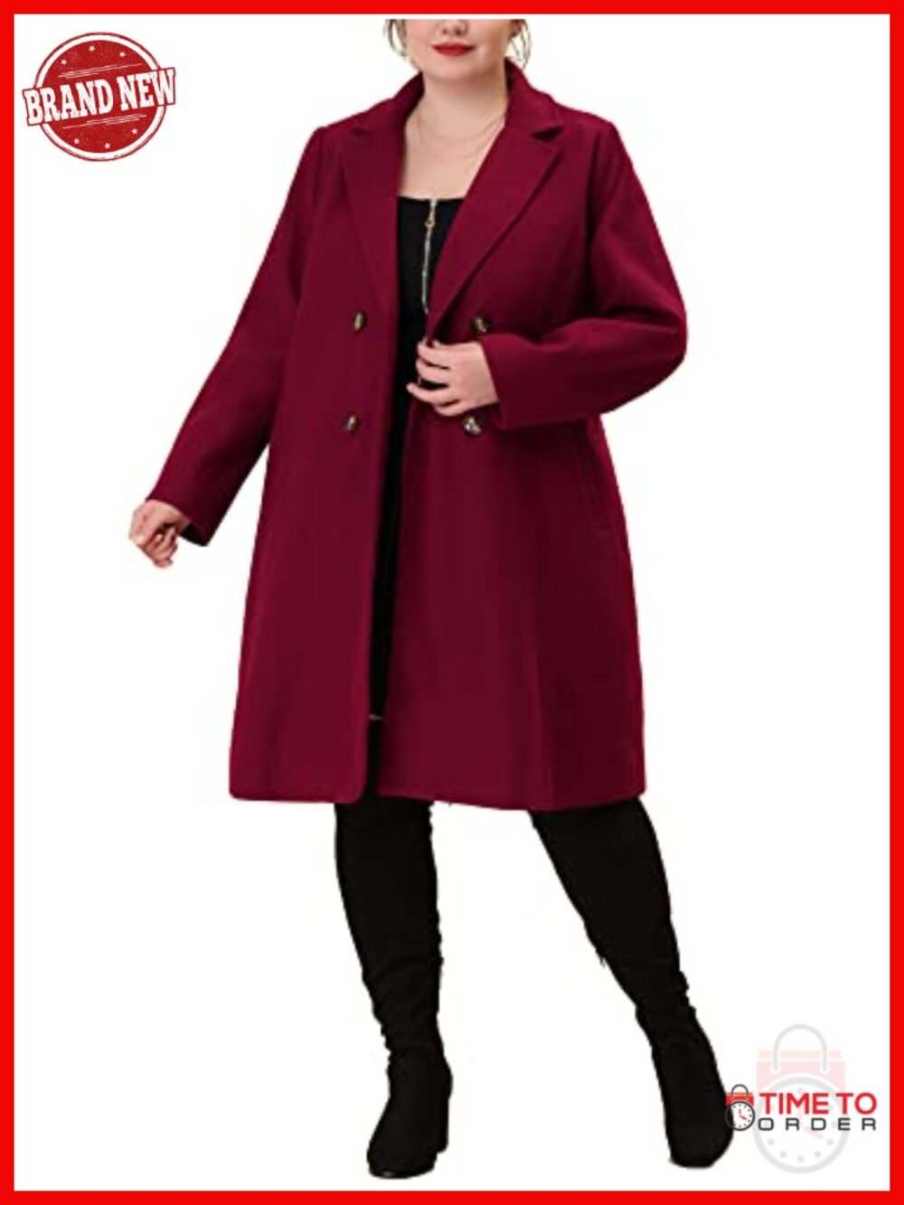Plus Size Double Breasted Long Peacoat with Notched Lapel
